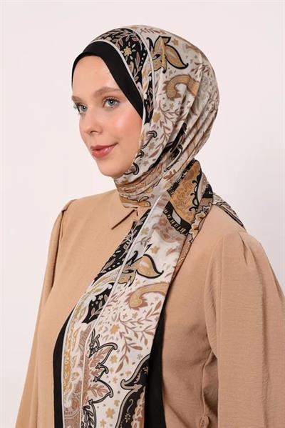 Desenli İpek Şal | Siyah-Vizon