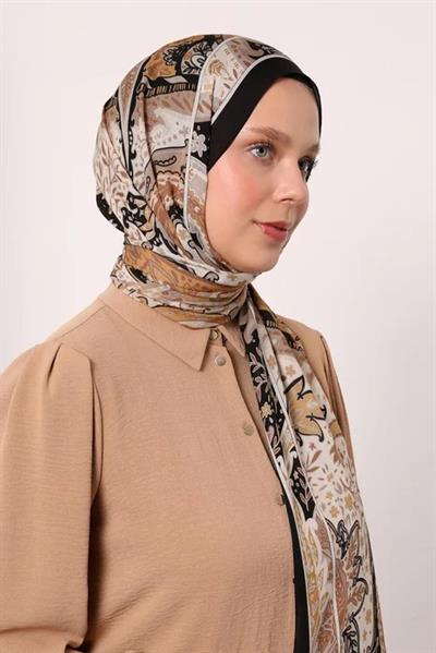 Desenli İpek Şal | Siyah-Vizon