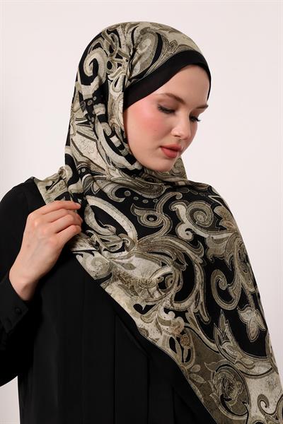 Desenli İpek Şal | Siyah-Yeşil