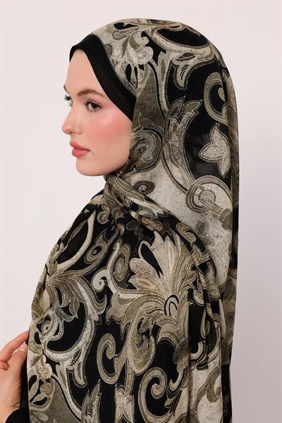 Desenli İpek Şal | Siyah-Yeşil