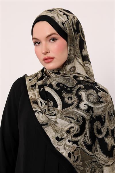 Desenli İpek Şal | Siyah-Yeşil