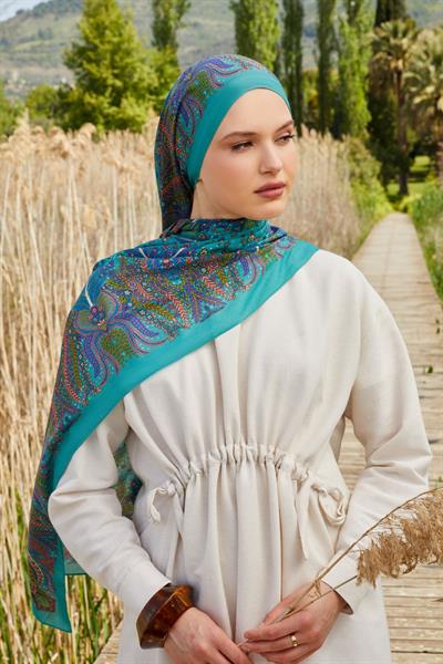 Desenli İpek Şal Turkuaz