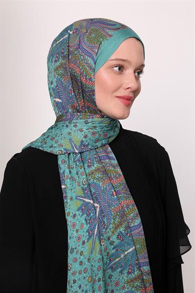 Desenli İpek Şal Turkuaz