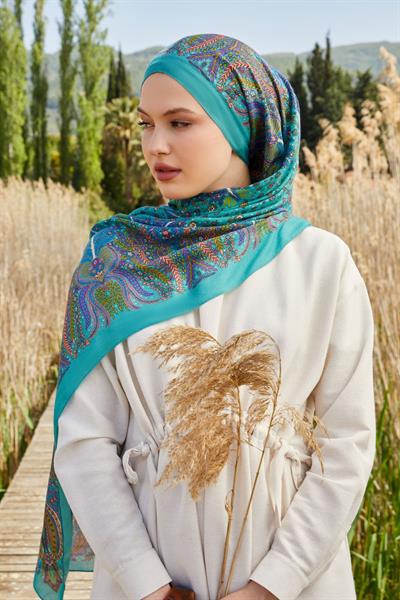 Desenli İpek Şal Turkuaz