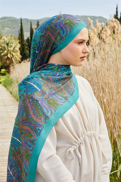 Desenli İpek Şal Turkuaz