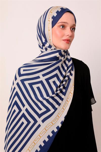 Desenli İpek Şal | Yağmur Laciverti