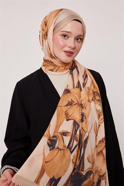 Desenli İpek Şal | Zarif Vizon