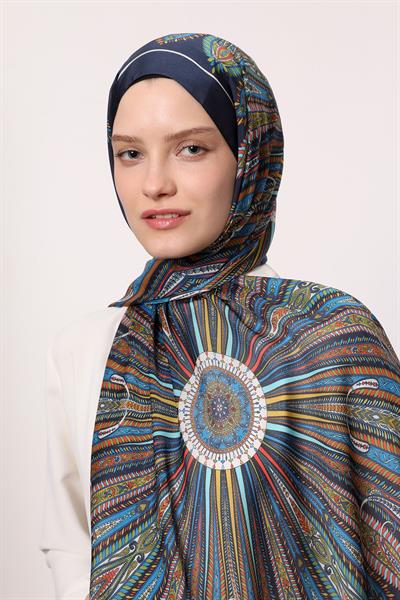 Hint İpeği Şal Lacivert Desen