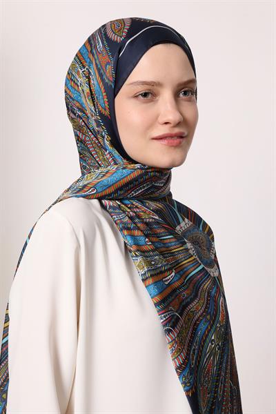 Hint İpeği Şal Lacivert Desen