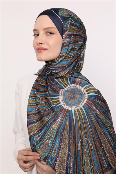 Hint İpeği Şal Lacivert Desen