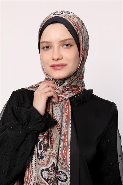 Hint İpeği Şal Siyah Kiremit