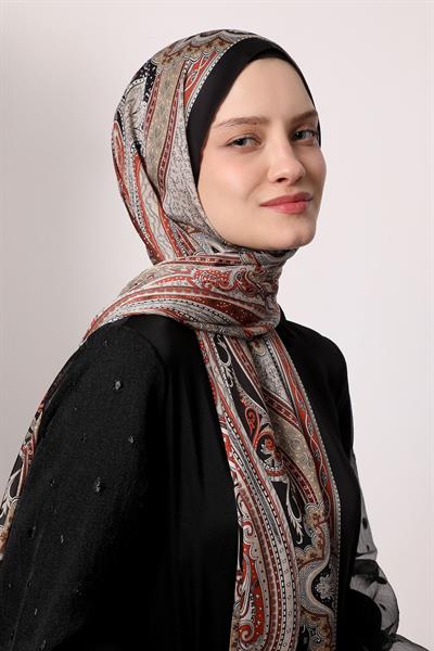 Hint İpeği Şal Siyah Kiremit