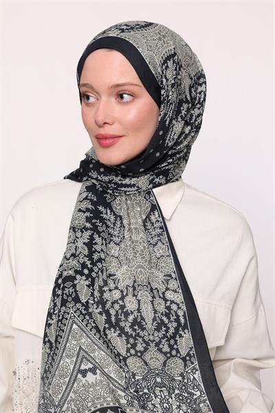 Desenli İpek Şal Siyah Krem