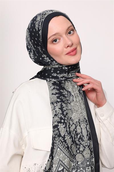 Desenli İpek Şal Siyah Krem