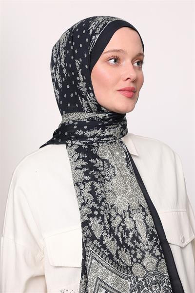 Desenli İpek Şal Siyah Krem