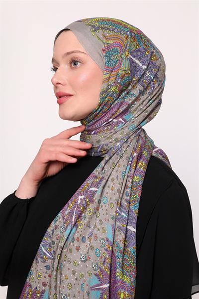 Desenli İpek Şal Vizon Çiçek