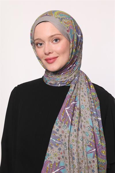 Desenli İpek Şal Vizon Çiçek