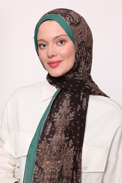 Desenli İpek Şal Yeşil Kahve