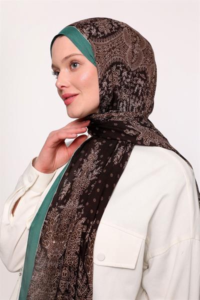 Desenli İpek Şal Yeşil Kahve