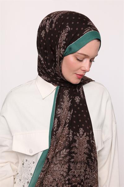 Desenli İpek Şal Yeşil Kahve