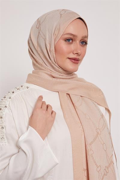 Lyocell Naia Jakarlı Şal | Bej Işıltısı