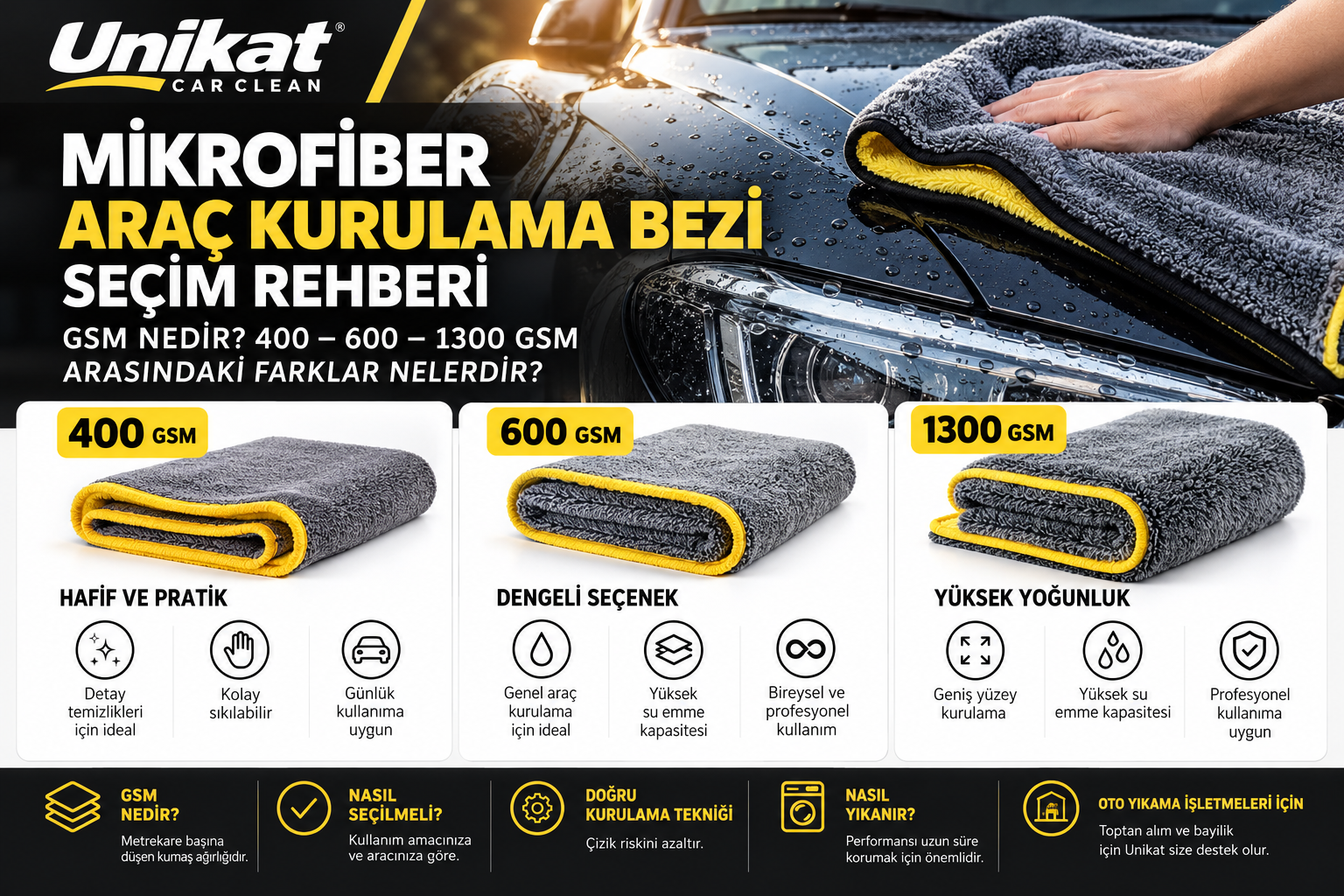 Mikrofiber araç kurulama bezi ve 400 600 1300 GSM karşılaştırması
