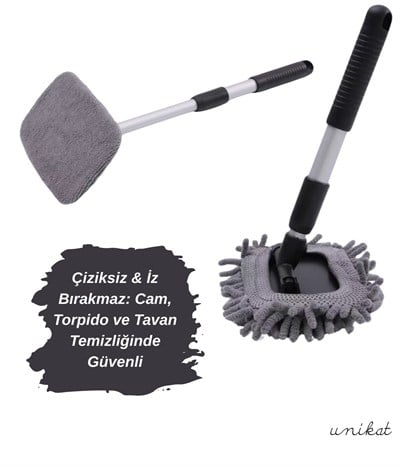 180° Döner Başlıklı Teleskopik Araç Cam ve Torpido Temizleme Aparatı – 3 Farklı Mikrofiber Bezli