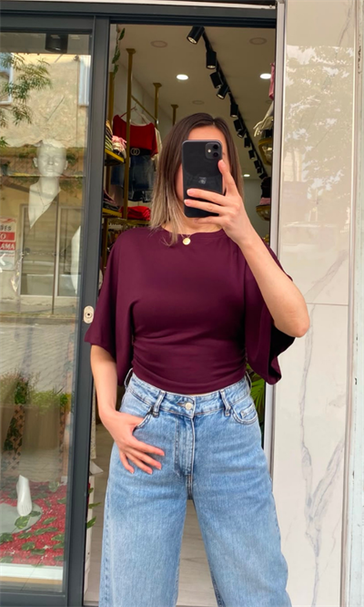 Beyaz Belden Oturtmalı Yarasa Kol Bluz