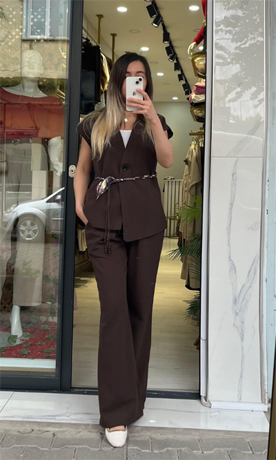 Kahve Kuşaklı Yelek Pantolon Keten Takım