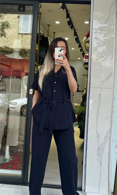 Kuşaklı Keten Takım Lacivert Rengi