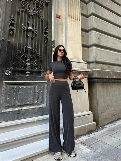 Antrasit Ribana Dokulu Crop ve Pantolon Takım