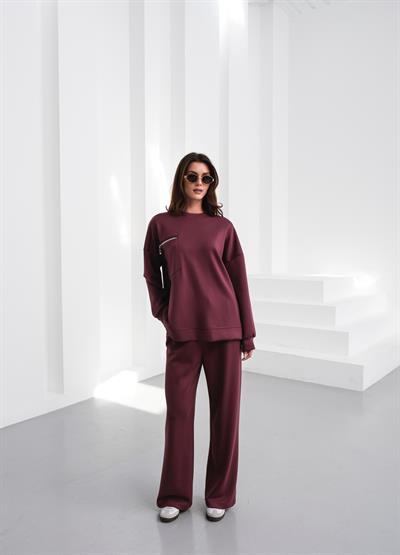 Viskon Kumaşlı Fermuar Detaylı Takım Bordo