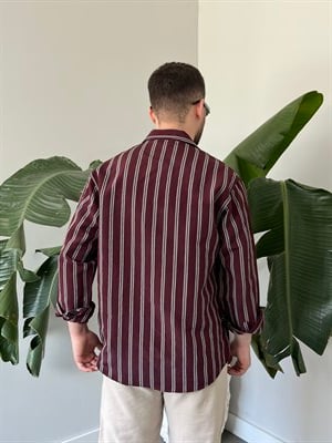 Apaş Yaka Çizgili Oversize Gömlek Bordo