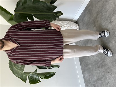 Apaş Yaka Çizgili Oversize Gömlek Bordo