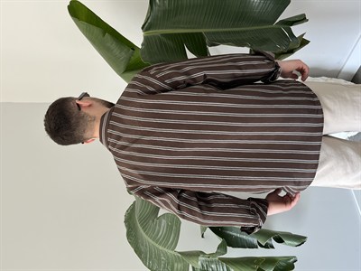 Apaş Yaka Çizgili Oversize Gömlek Kahverengi