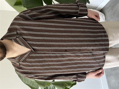 Apaş Yaka Çizgili Oversize Gömlek Kahverengi