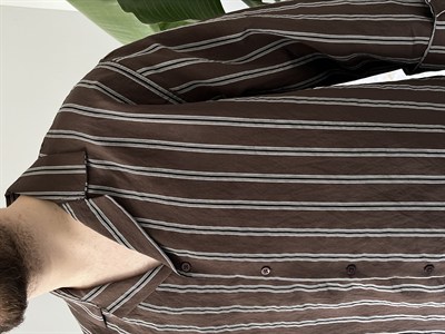 Apaş Yaka Çizgili Oversize Gömlek Kahverengi