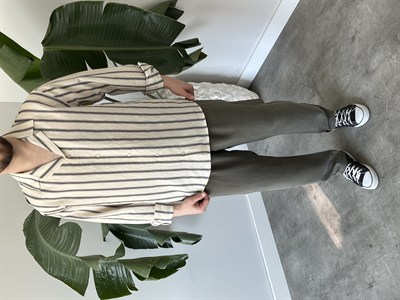 Apaş Yaka Çizgili Oversize Gömlek Krem 