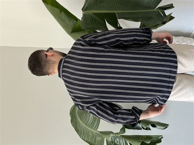 Apaş Yaka Çizgili Oversize Gömlek Lacivert