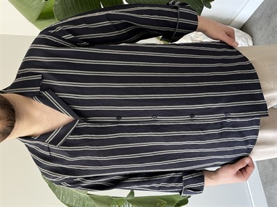 Apaş Yaka Çizgili Oversize Gömlek Lacivert