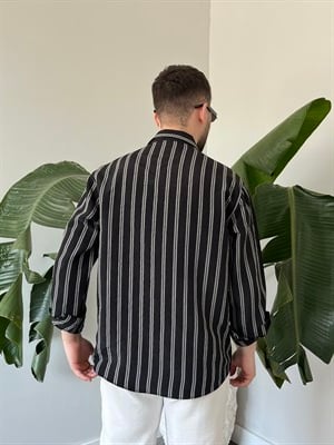 Apaş Yaka Çizgili Oversize Gömlek Siyah