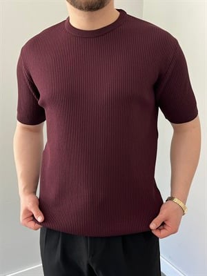 Bisiklet Yaka Örgü .Desen Triko Tshirt Bordo