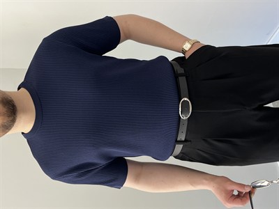 Bisiklet Yaka Örgü .Desen Triko Tshirt Lacivert
