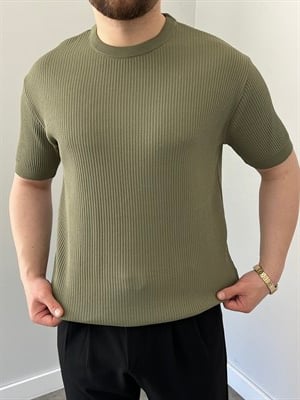 Bisiklet Yaka Örgü .Desen Triko Tshirt Haki Yeşil