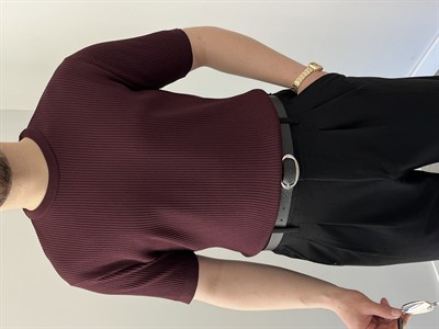 Bisiklet Yaka Örgü .Desen Triko Tshirt Bordo