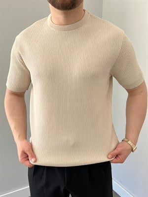 Bisiklet Yaka Örgü .Desen Triko Tshirt Krem