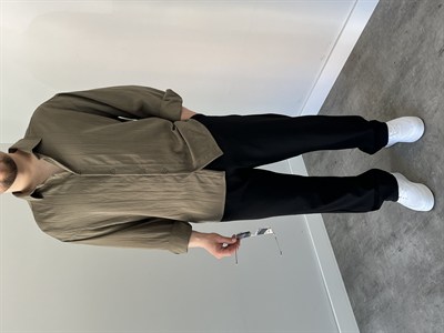 Çizgili Oversize Gömlek Haki Yeşil
