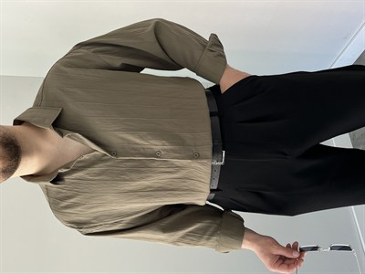 Çizgili Oversize Gömlek Haki Yeşil