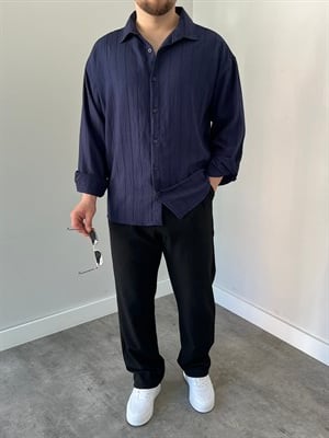 Çizgili Oversize Gömlek Lacivert