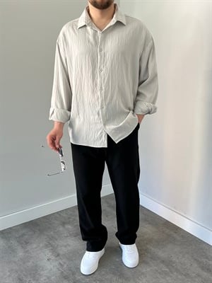 Çizgili Oversize Gömlek Taş Gri